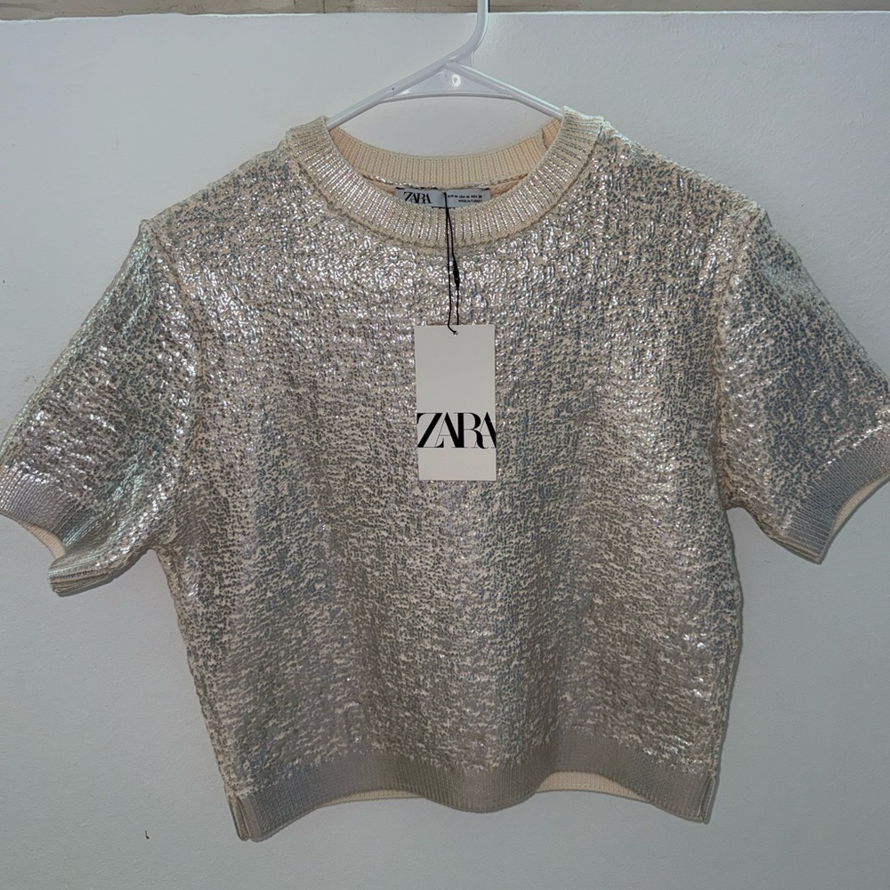 Zara Women's Short Sleeve Sequin Top - Cream